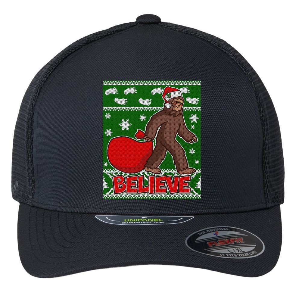 Believe In Santa Bigfoot Ugly Christmas Flexfit Unipanel Trucker Cap
