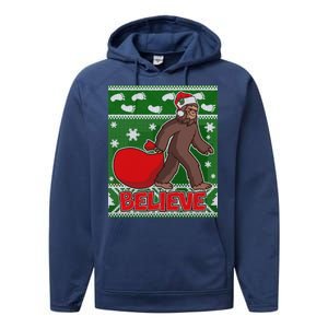 Believe In Santa Bigfoot Ugly Christmas Performance Fleece Hoodie