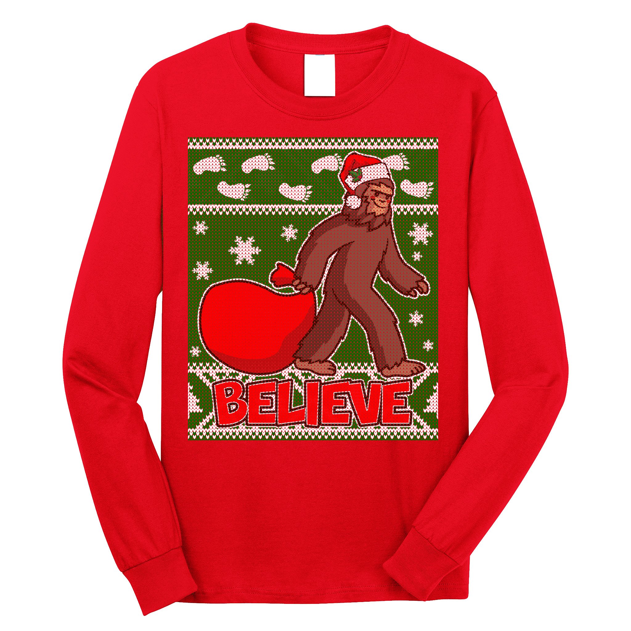 Believe In Santa Bigfoot Ugly Christmas Long Sleeve Shirt