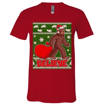 Believe In Santa Bigfoot Ugly Christmas V-Neck T-Shirt