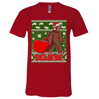 Believe In Santa Bigfoot Ugly Christmas V-Neck T-Shirt