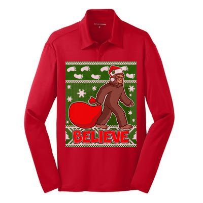 Believe In Santa Bigfoot Ugly Christmas Silk Touch Performance Long Sleeve Polo