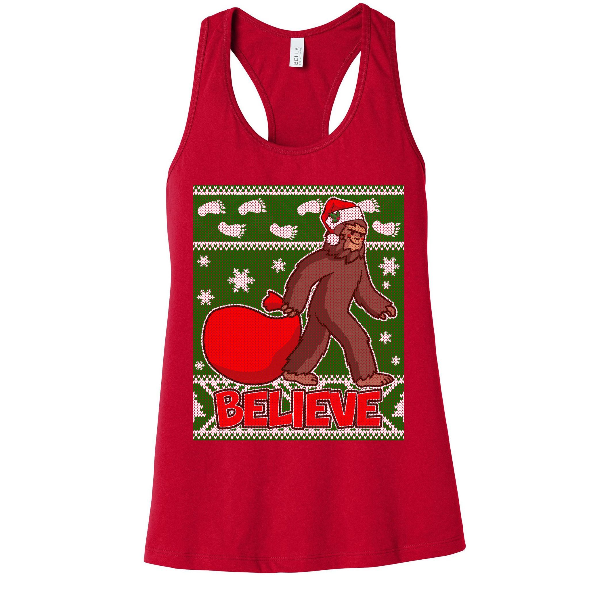 Believe In Santa Bigfoot Ugly Christmas Womens Tank Top