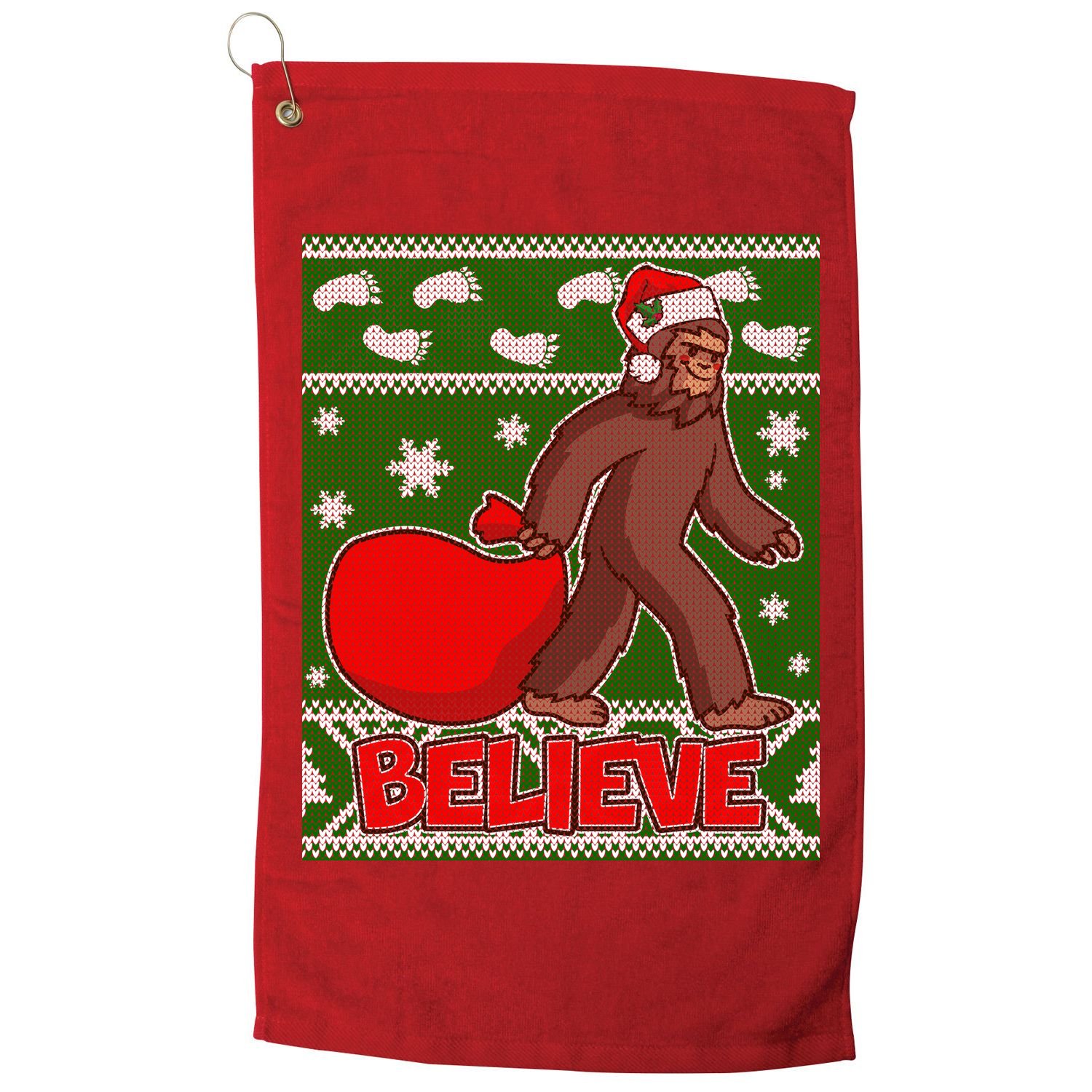 Believe In Santa Bigfoot Ugly Christmas Golf Towel