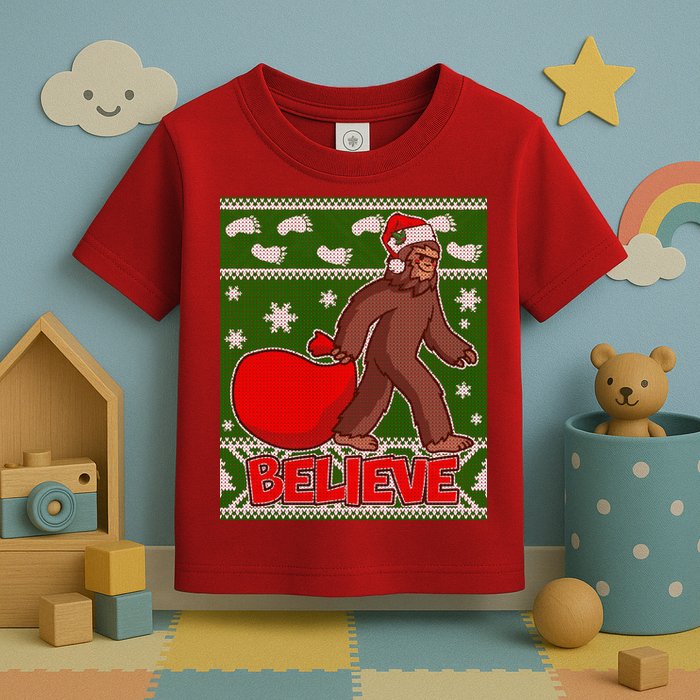 Believe In Santa Bigfoot Ugly Christmas Toddler T-Shirt