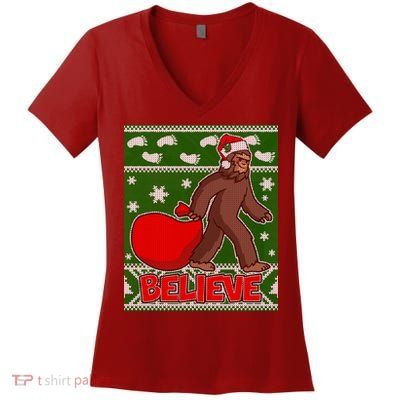 Believe In Santa Bigfoot Ugly Christmas Women's V-Neck T-Shirt