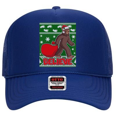 Believe In Santa Bigfoot Ugly Christmas High Crown Mesh Back Trucker Hat