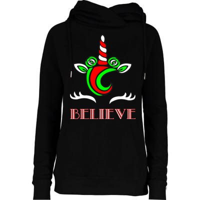 Believe Unicorn Christmas Womens Funnel Neck Pullover Hood