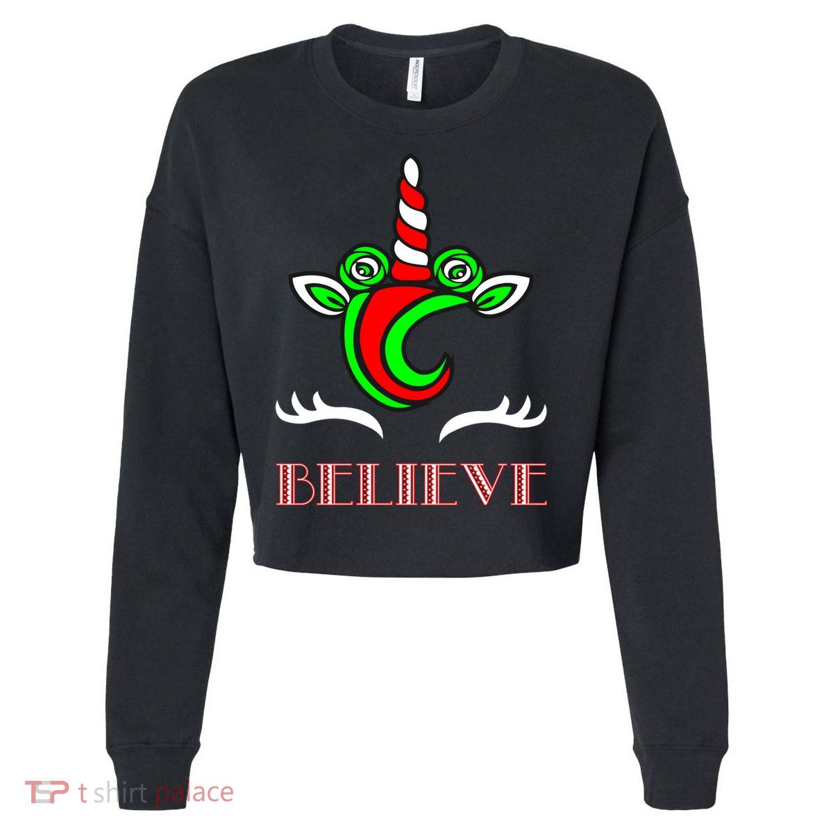 Believe Unicorn Christmas Cropped Pullover Crew