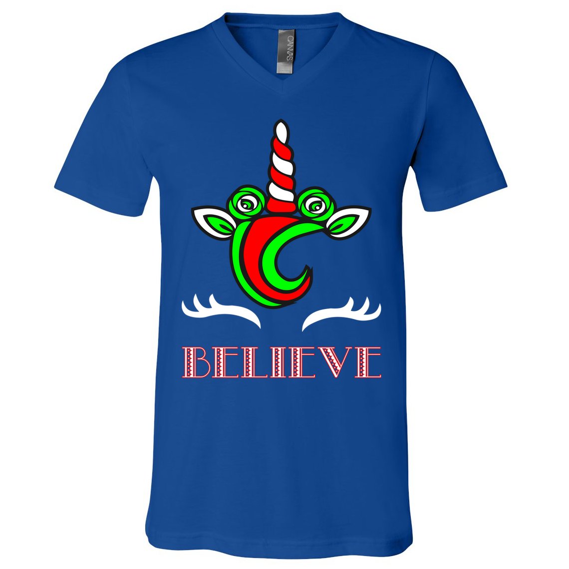 Believe Unicorn Christmas V-Neck T-Shirt