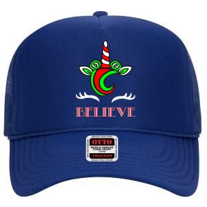 Believe Unicorn Christmas High Crown Mesh Back Trucker Hat