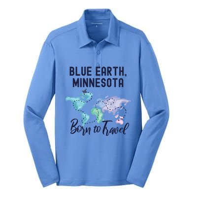 Blue Earth Minnesota Born To Travel World Explorer Gift Silk Touch Performance Long Sleeve Polo