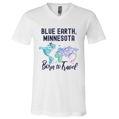 Blue Earth Minnesota Born To Travel World Explorer Gift V-Neck T-Shirt