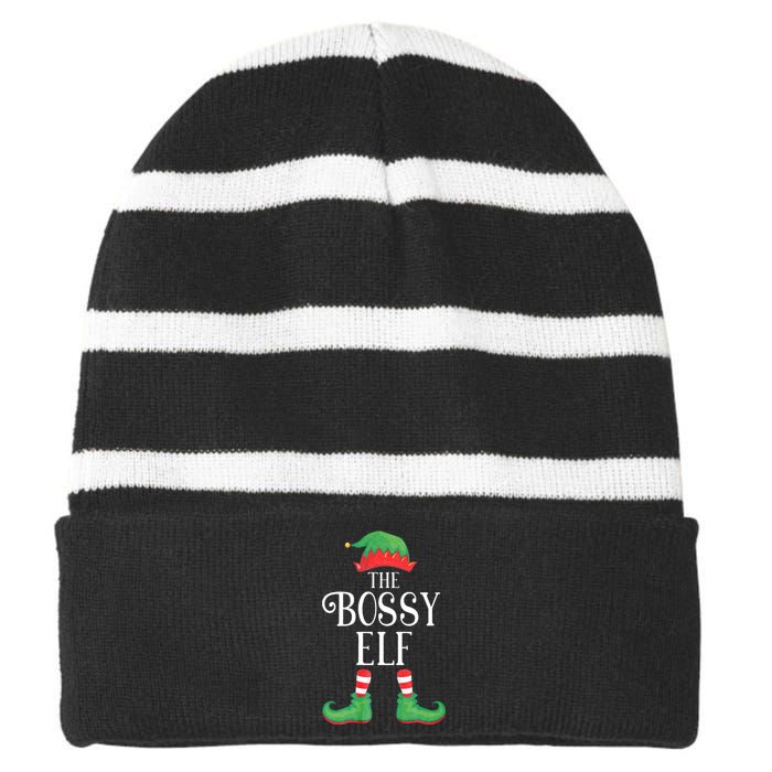 Bossy Elf Matching Group Xmas Funny Family Christmas Striped Beanie with Solid Band