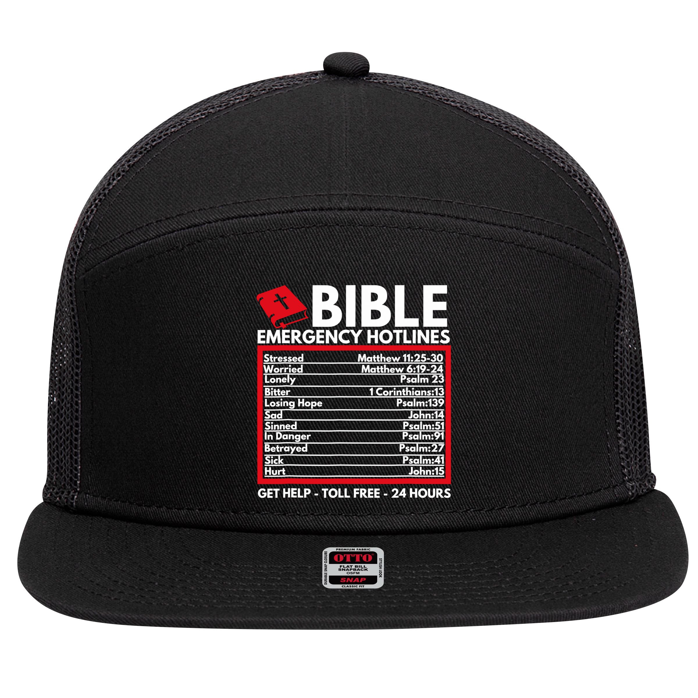 Bible Emergency Numbers Funny Christian Bible 7 Panel Mesh Trucker Snapback Hat