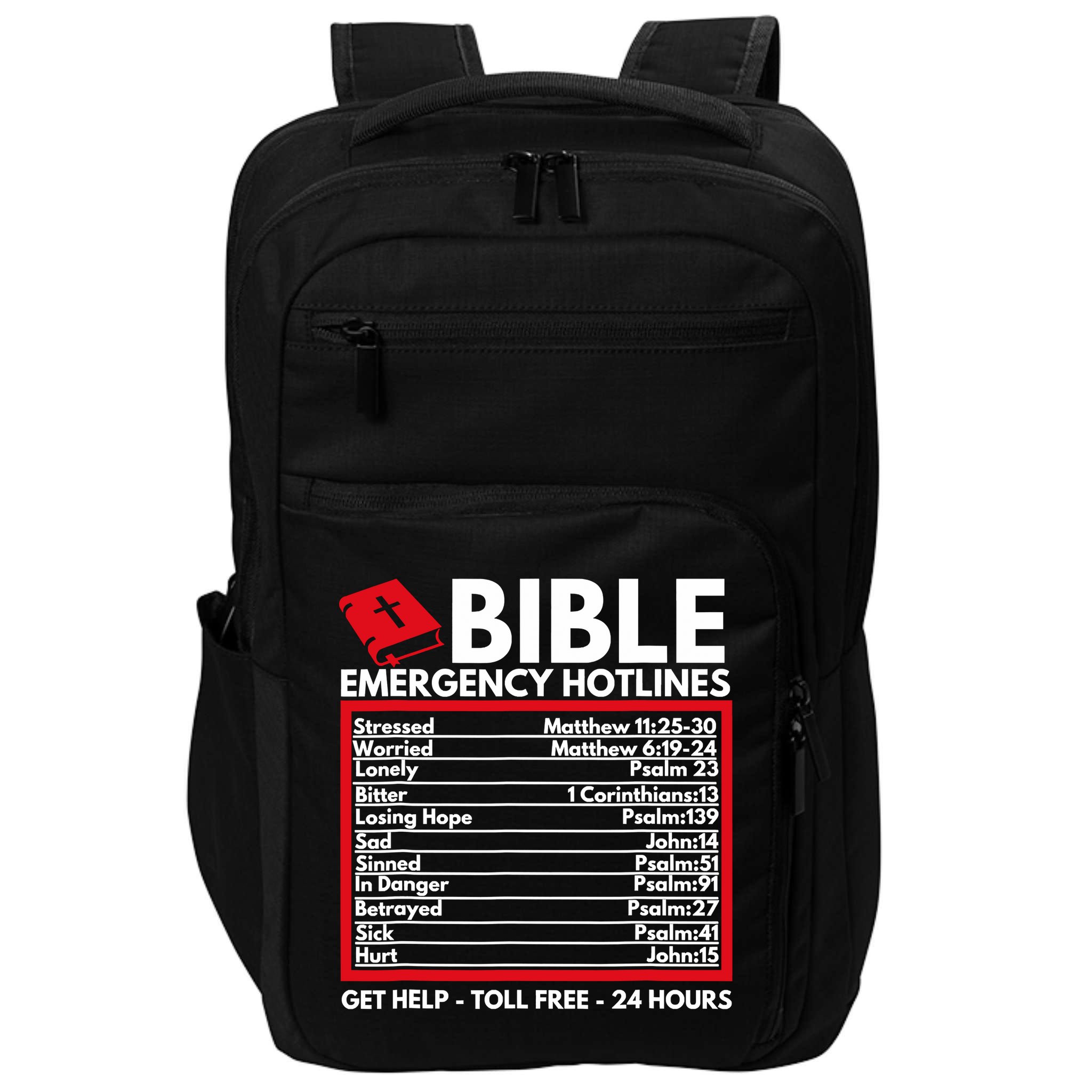 Bible Emergency Numbers Funny Christian Bible Impact Tech Backpack