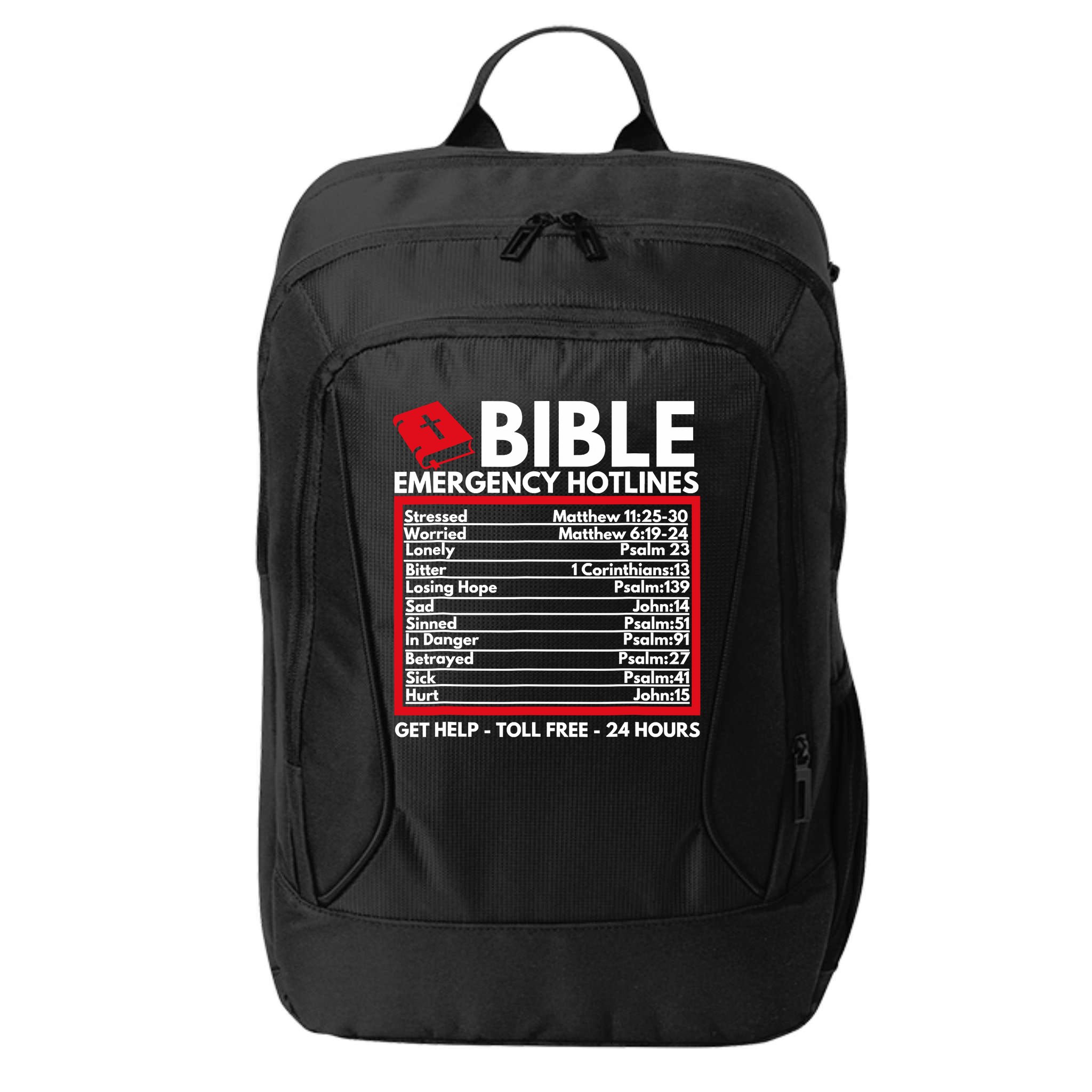 Bible Emergency Numbers Funny Christian Bible Jesus City Backpack
