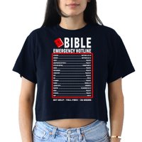 Bible Emergency Numbers Funny Christian Bible & Jesus Quotes Women's Crop Top Tee