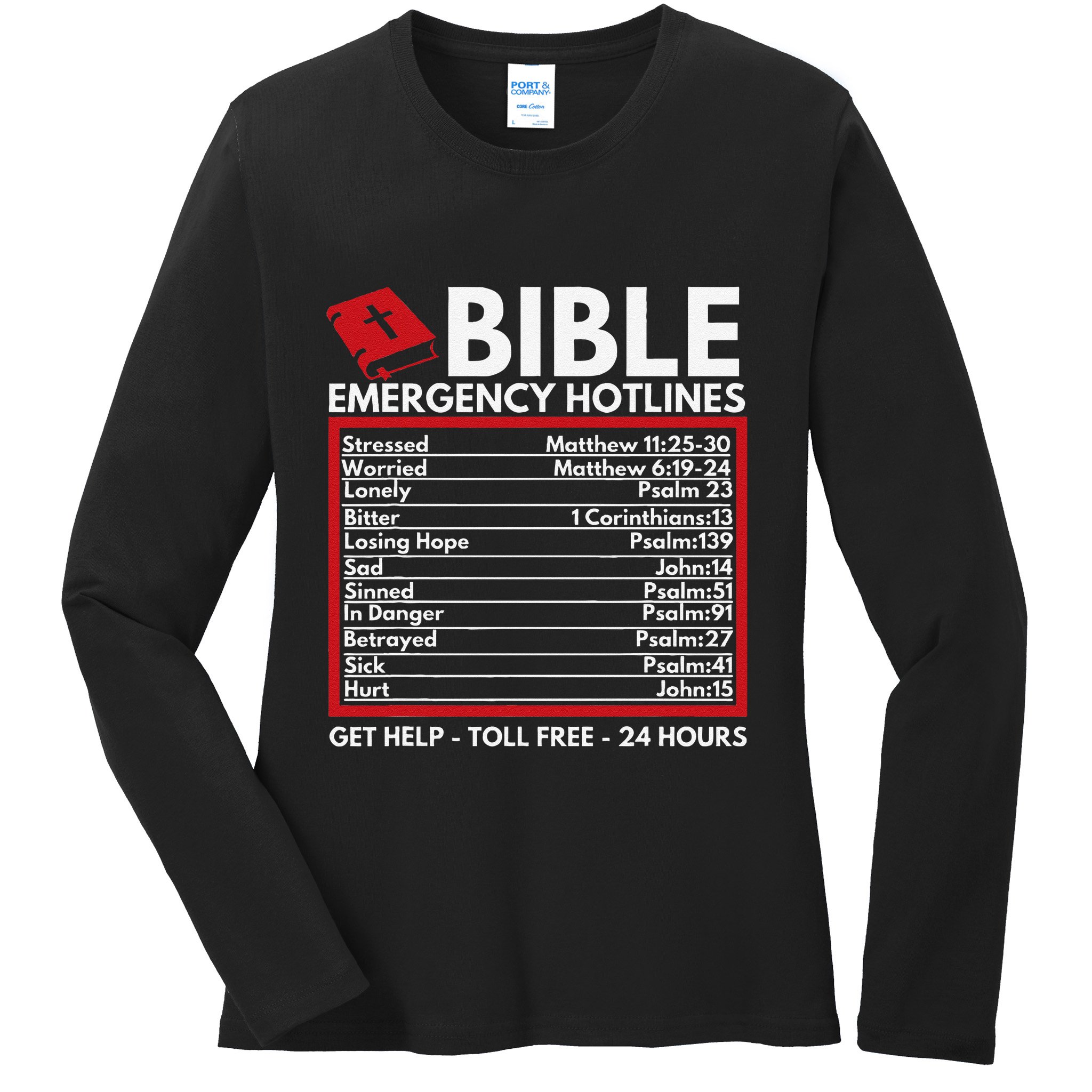 Bible Emergency Numbers Funny Christian Bible & Jesus Ladies Long Sleeve Shirt