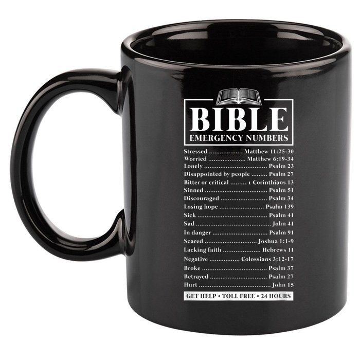 Bible Emergency Numbers Hotline Christian Verses Scriptures 11oz C Handle Ceramic Mug