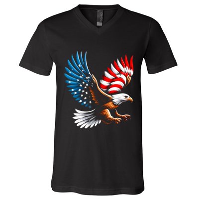 Bald Eagle & Patriotic American Flag 4th Of July V-Neck T-Shirt
