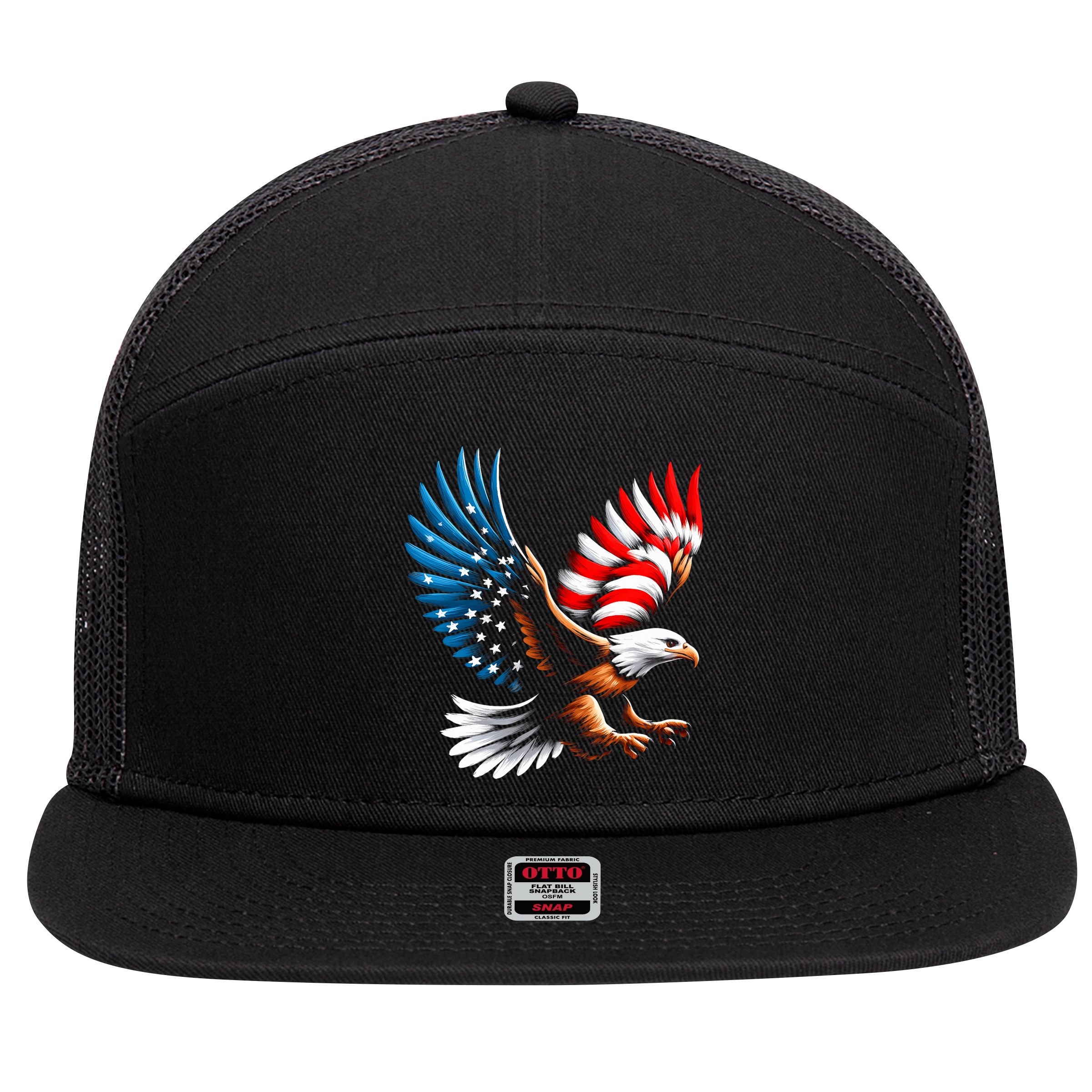 Bald Eagle & Patriotic American Flag 4th Of July 7 Panel Mesh Trucker Snapback Hat