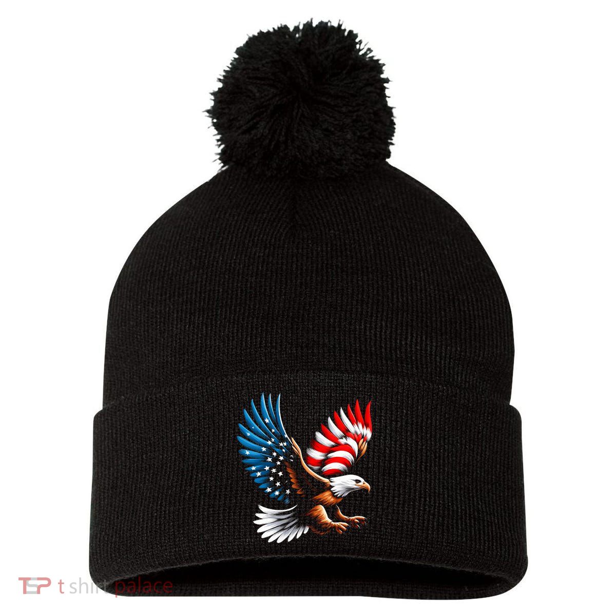 Bald Eagle & Patriotic American Flag 4th Of July Pom Pom 12in Knit Beanie