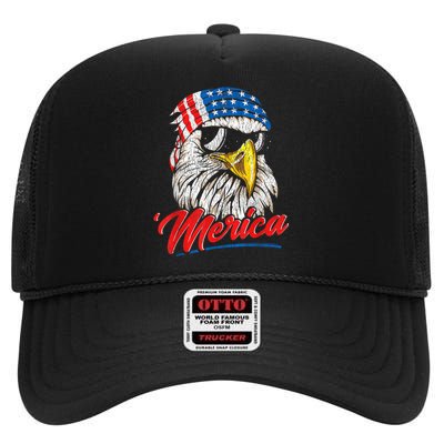 Bald Eagle Proud Patriotic American US Flag 4th Of July High Crown Mesh Back Trucker Hat