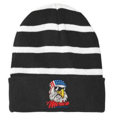 Bald Eagle Proud Patriotic American US Flag 4th Of July Striped Beanie with Solid Band