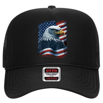 Bald Eagle Proud Patriotic American Us Flag 4th Of July High Crown Mesh Back Trucker Hat