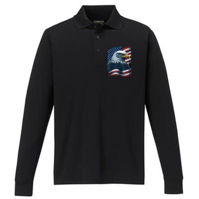 Bald Eagle Proud Patriotic American Us Flag 4th Of July Performance Long Sleeve Polo