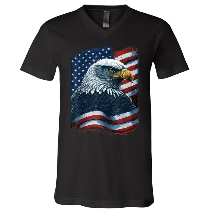 Bald Eagle Proud Patriotic American Us Flag 4th Of July V-Neck T-Shirt