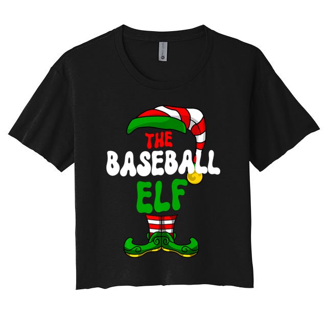 Baseball Elf Pajama Matching Group Christmas Holiday Women's Crop Top Tee