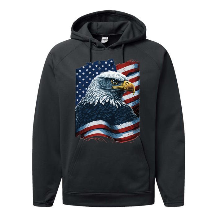 Bald Eagle Proud Patriotic American US Flag 4th Of July Performance Fleece Hoodie