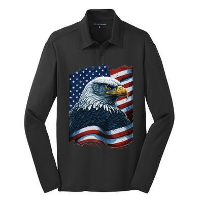 Bald Eagle Proud Patriotic American US Flag 4th Of July Silk Touch Performance Long Sleeve Polo