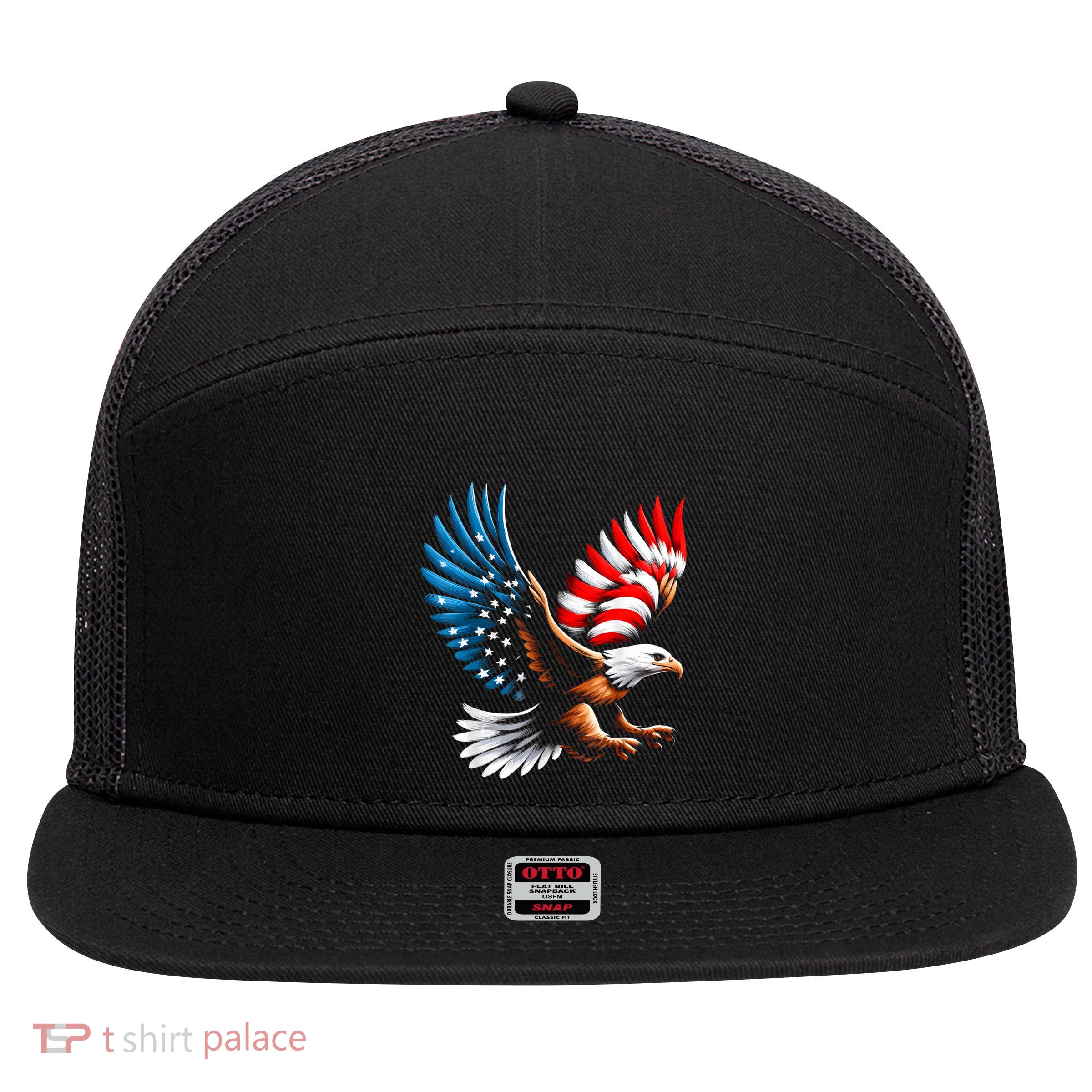 Bald Eagle & Patriotic American Flag 4th Of July 7 Panel Mesh Trucker Snapback Hat