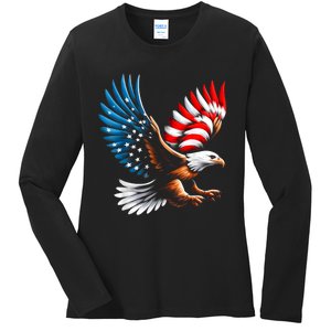 Bald Eagle & Patriotic American Flag 4th Of July Ladies Long Sleeve Shirt