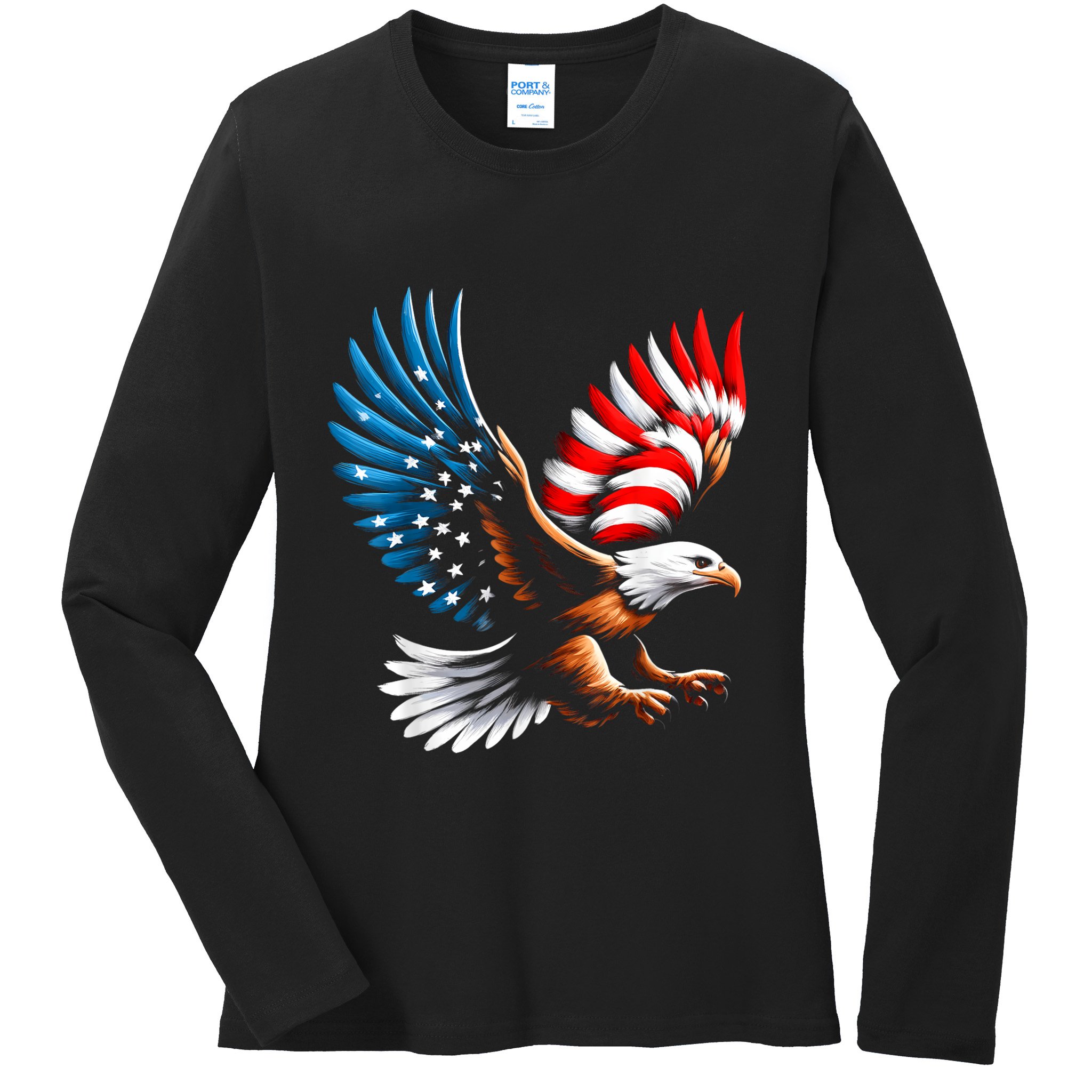 Bald Eagle & Patriotic American Flag 4th Of July Ladies Long Sleeve Shirt