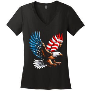 Bald Eagle & Patriotic American Flag 4th Of July Women's V-Neck T-Shirt