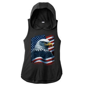 Bald Eagle Proud Patriotic American US Flag 4th Of July Ladies PosiCharge Tri-Blend Wicking Draft Hoodie Tank