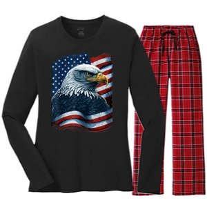 Bald Eagle Proud Patriotic American US Flag 4th Of July Women's Long Sleeve Flannel Pajama Set 