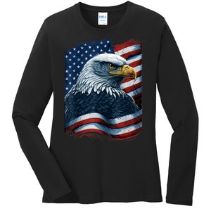 Bald Eagle Proud Patriotic American US Flag 4th Of July Ladies Long Sleeve Shirt