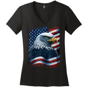 Bald Eagle Proud Patriotic American US Flag 4th Of July Women's V-Neck T-Shirt