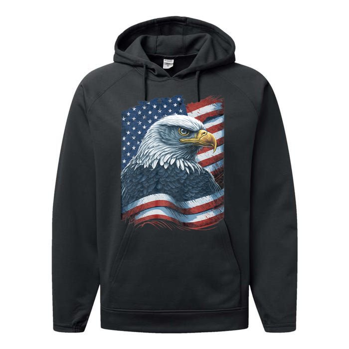 Bald Eagle Proud Patriotic American Us Flag 4th Of July Performance Fleece Hoodie