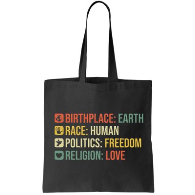 Birthplace Earth Race Human Politics Freedom Religion Love Bag