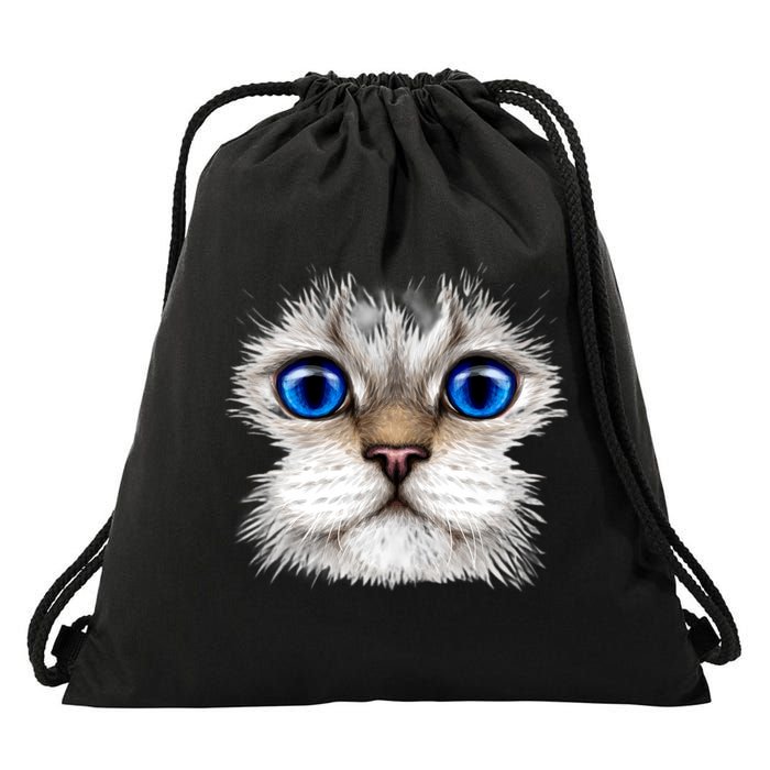 Blue Eyed Realistic Cat Face Drawstring Bag