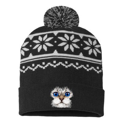 Blue Eyed Realistic Cat Face USA-Made Snowflake Beanie