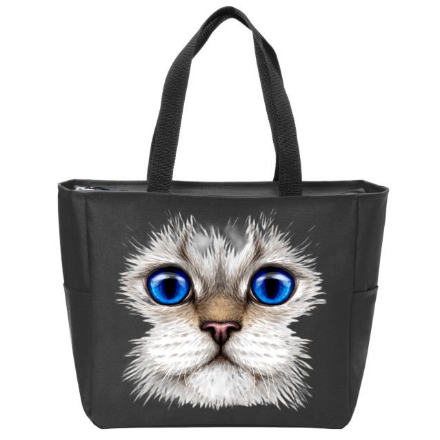 Blue Eyed Realistic Cat Face Zip Tote Bag