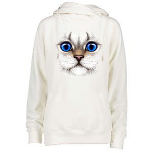 Blue Eyed Realistic Cat Face Womens Funnel Neck Pullover Hood