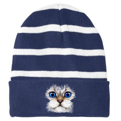 Blue Eyed Realistic Cat Face Striped Beanie with Solid Band